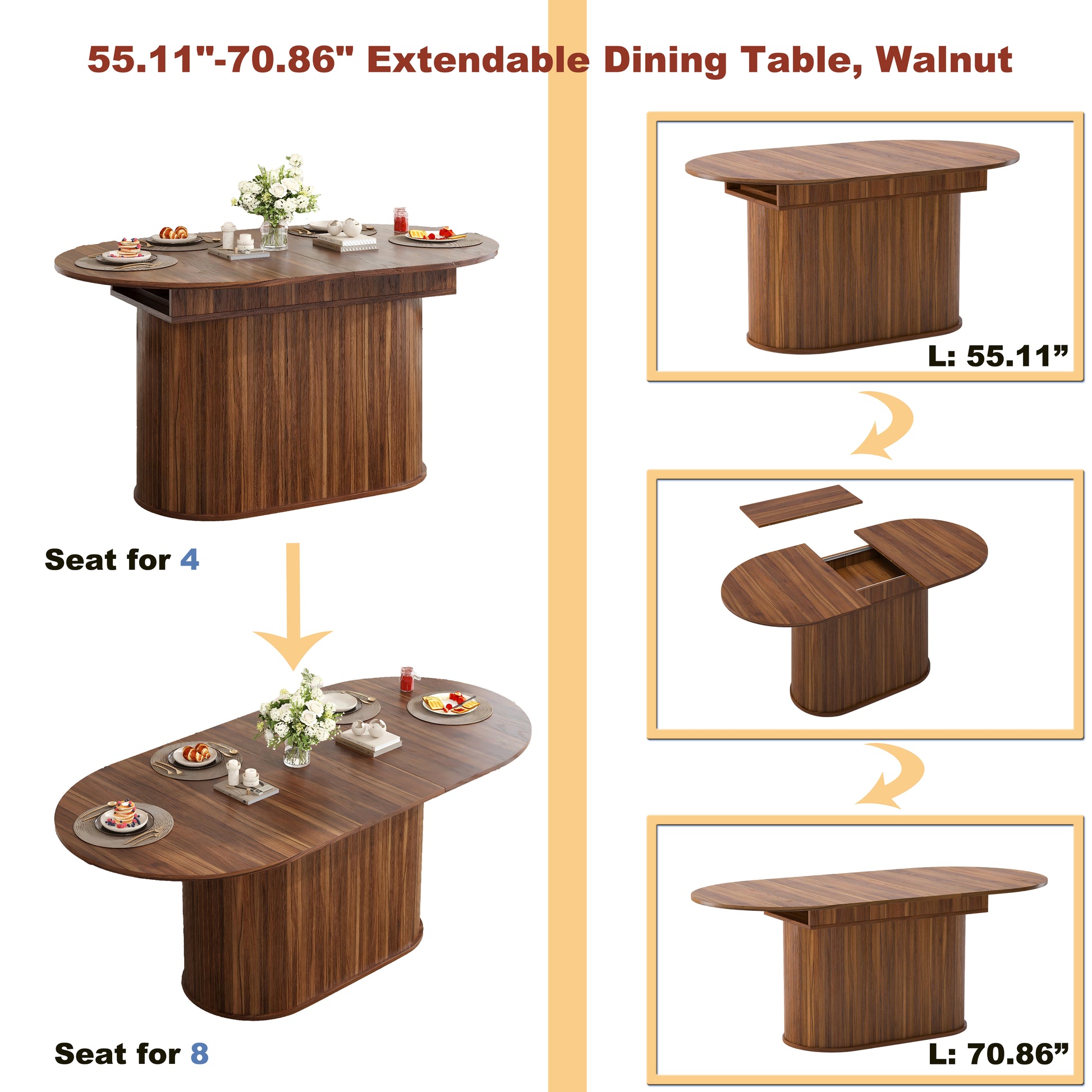 6-Person Walnut Extendable Dining Table - Modern Arc Shape