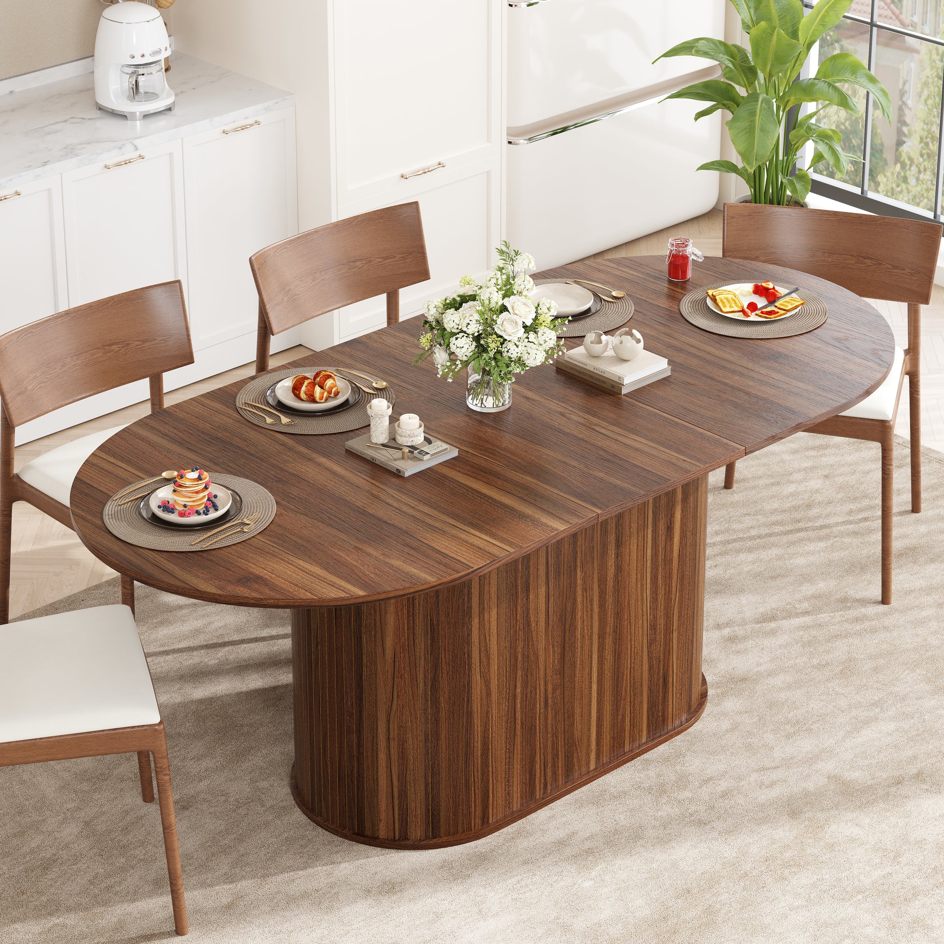 55.11"-70.86" Extendable Dining Table, with Striped Legs for Living Room & Kitchen(Walnut)