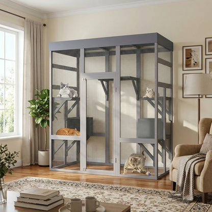 62.6" Wooden Outdoor Catio for Cats, Large Cat Enclosure with Waterproof Roof, 2 Napping House, Platforms & Galvanized Wire – Pet Cage for Backyard or Patio