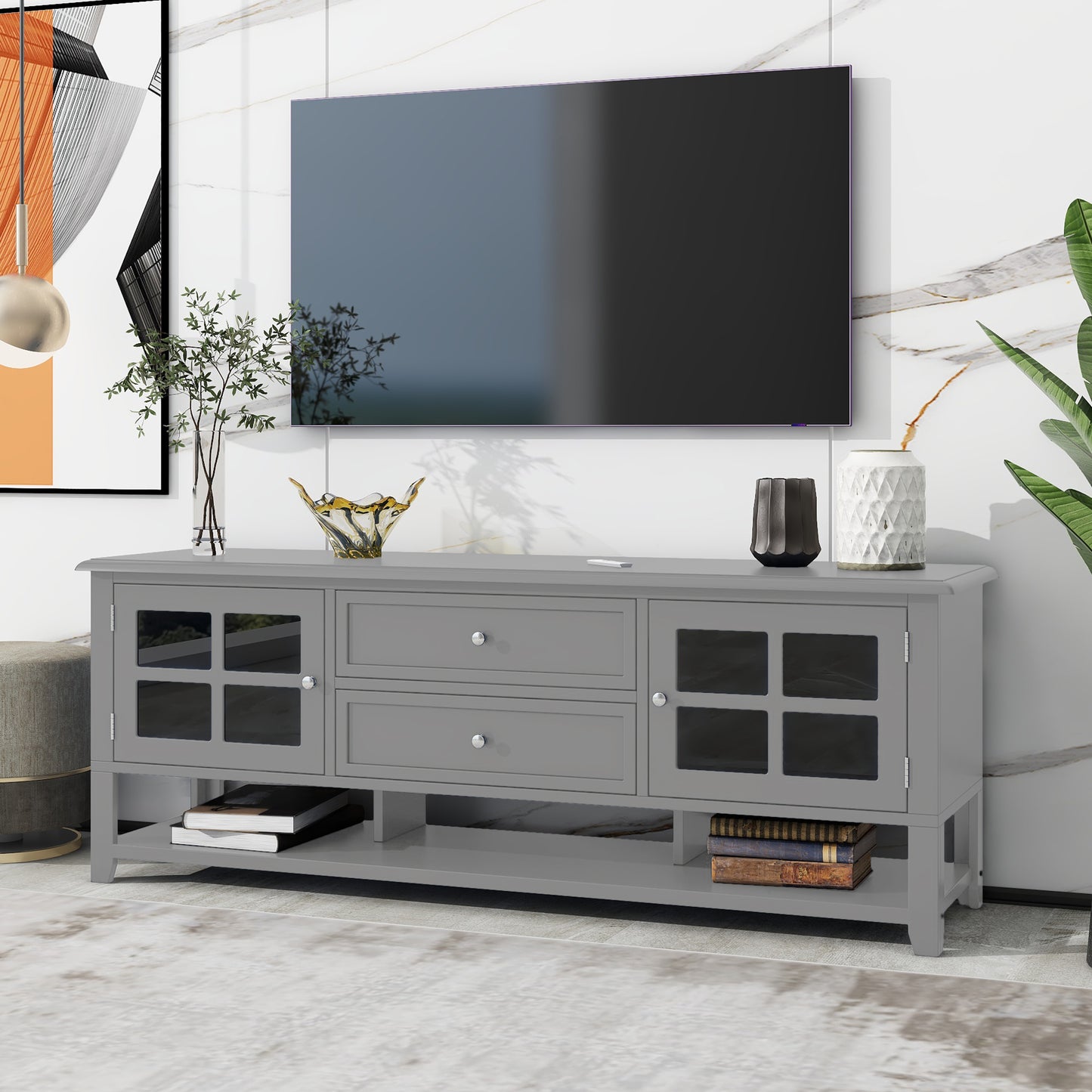 Grey MDF TV Stand - 50-59 Inch TV Storage for Living Room