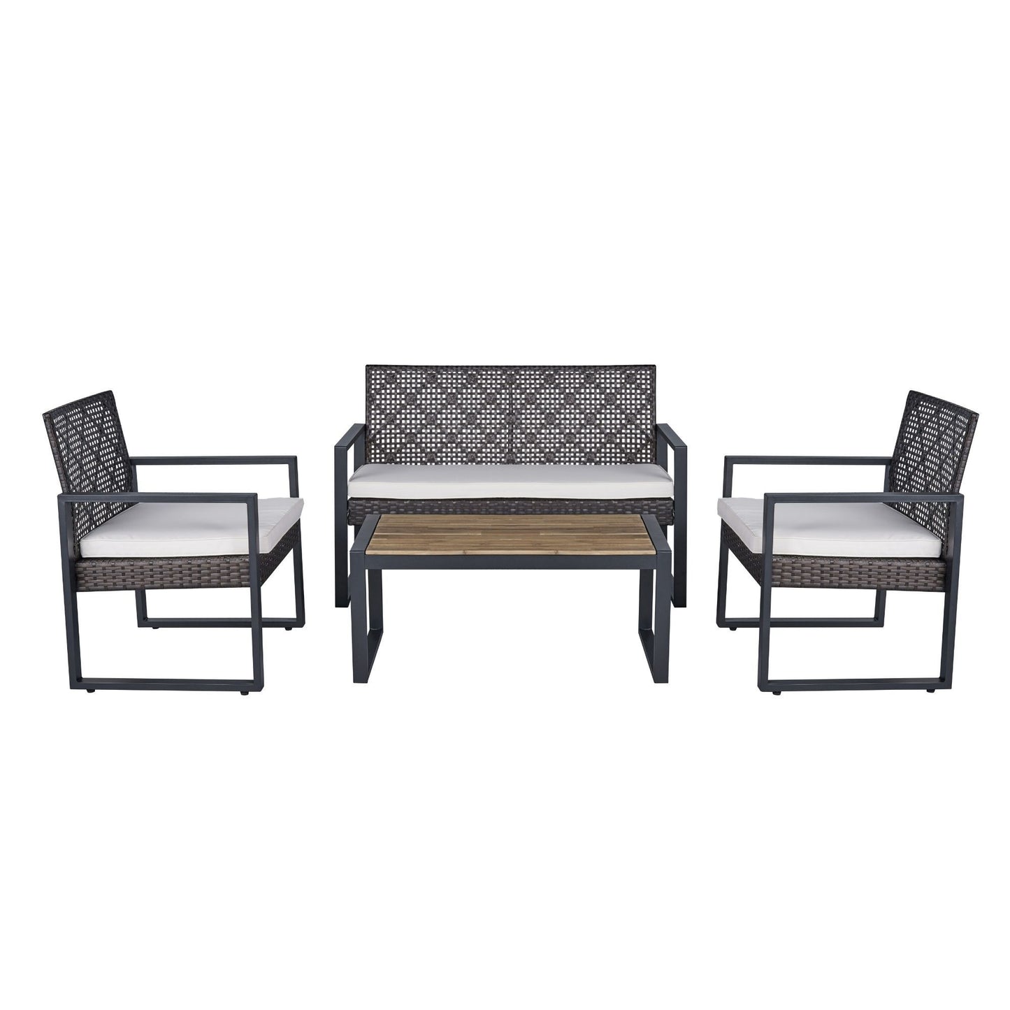 4-Piece Modern Patio Furniture Set with Acacia Wood Tabletop and Beige Cushions, Brown