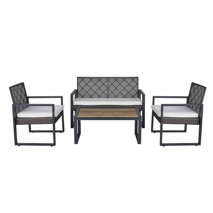 4-Piece Modern Patio Furniture Set with Acacia Wood Tabletop and Beige Cushions, Brown