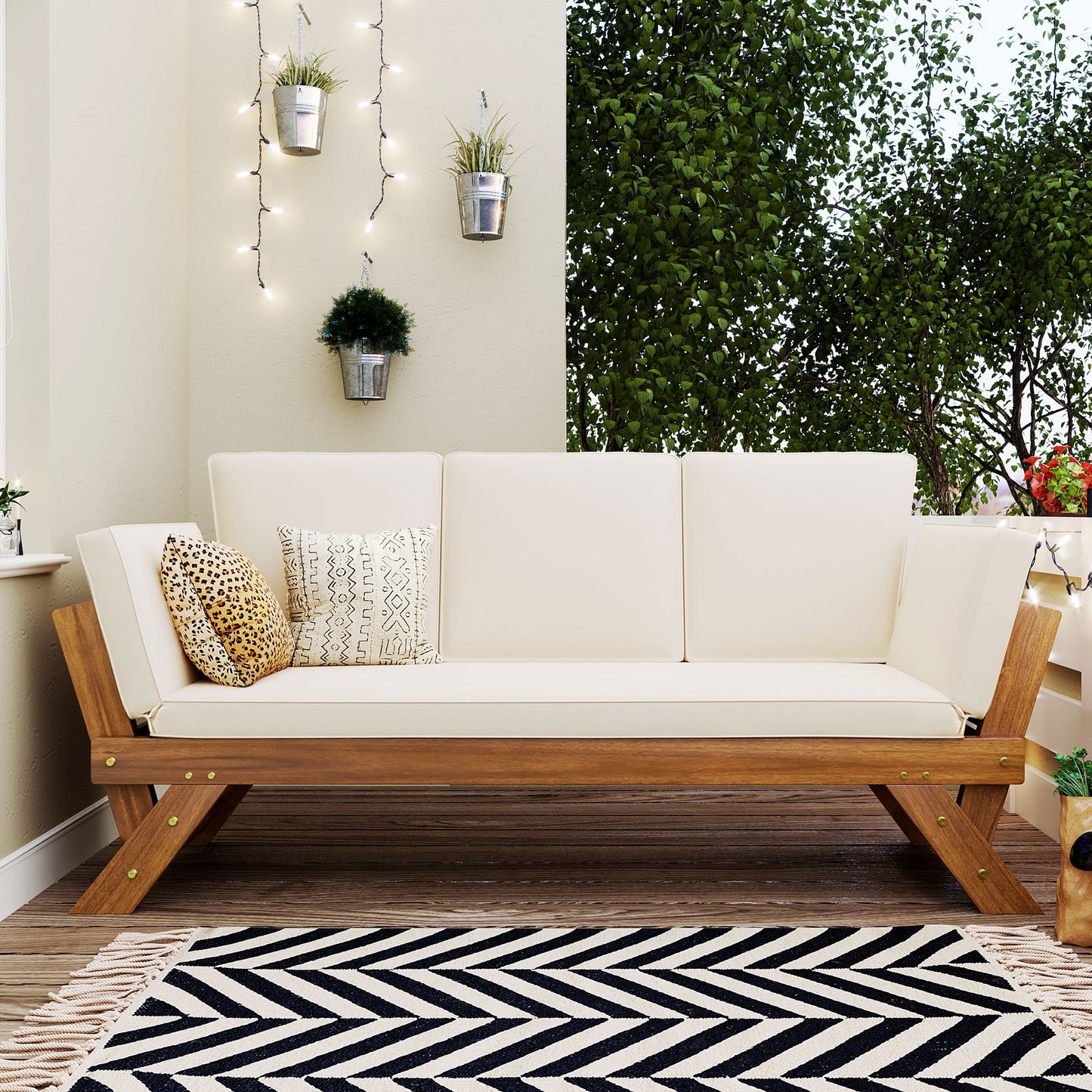 Outdoor Adjustable Wooden Daybed Chaise Lounge with Beige Cushion, Natural Finish