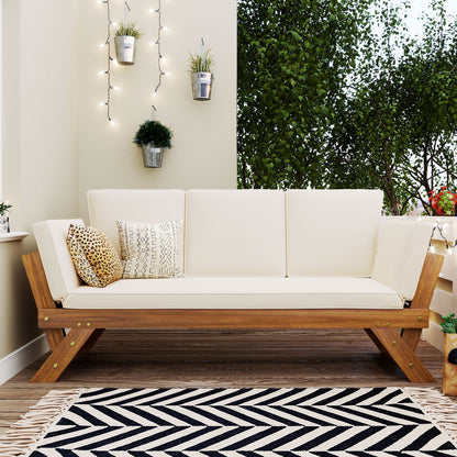 Outdoor Adjustable Wooden Daybed Chaise Lounge with Beige Cushion, Natural Finish