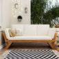 Outdoor Adjustable Wooden Daybed Chaise Lounge with Beige Cushion, Natural Finish