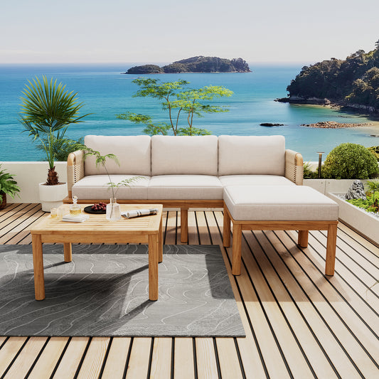 3-piece acacia wood patio sofa set in a modern backyard patio setting