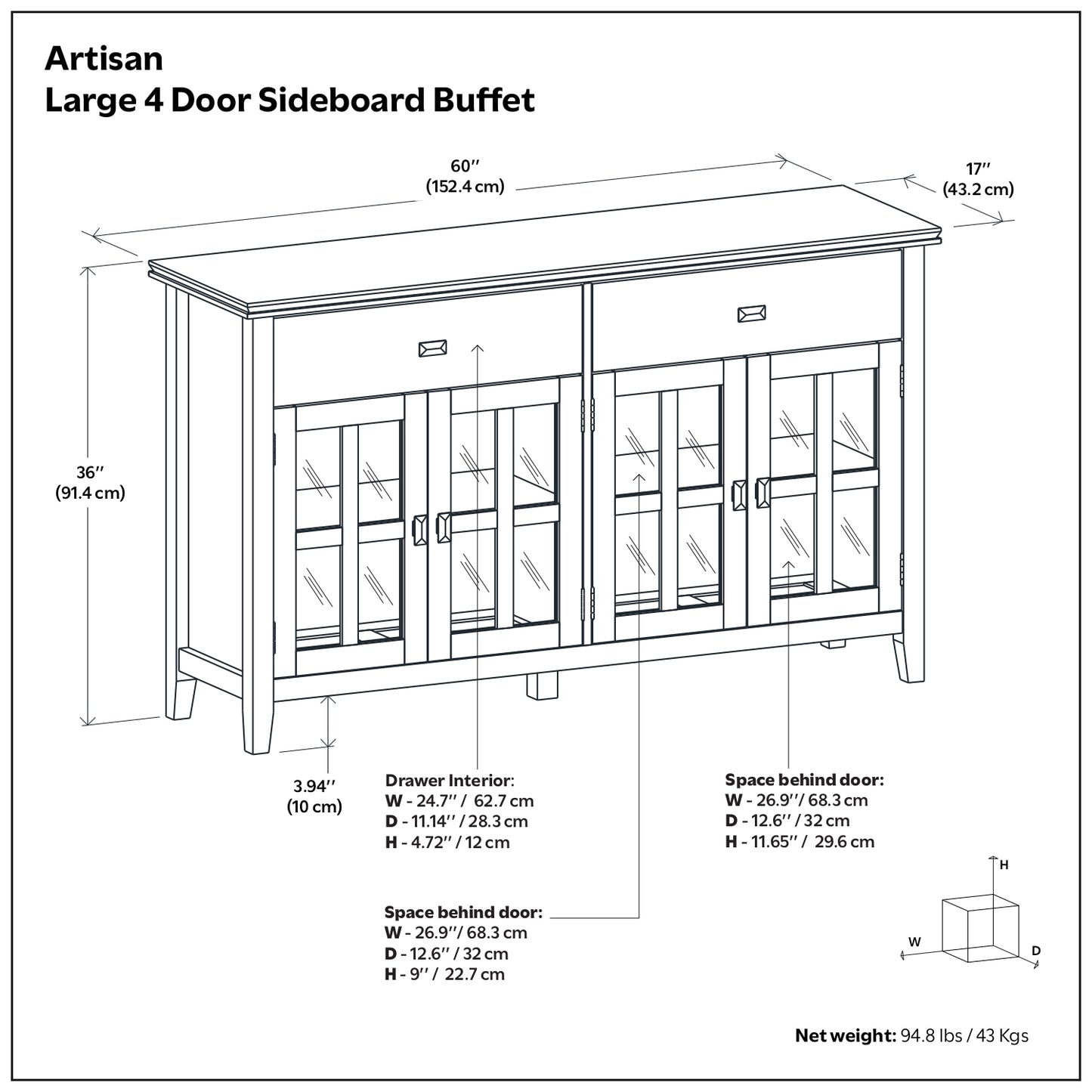 Artisan Solid Wood Large 4 Door Sideboard Buffet in Russet Brown