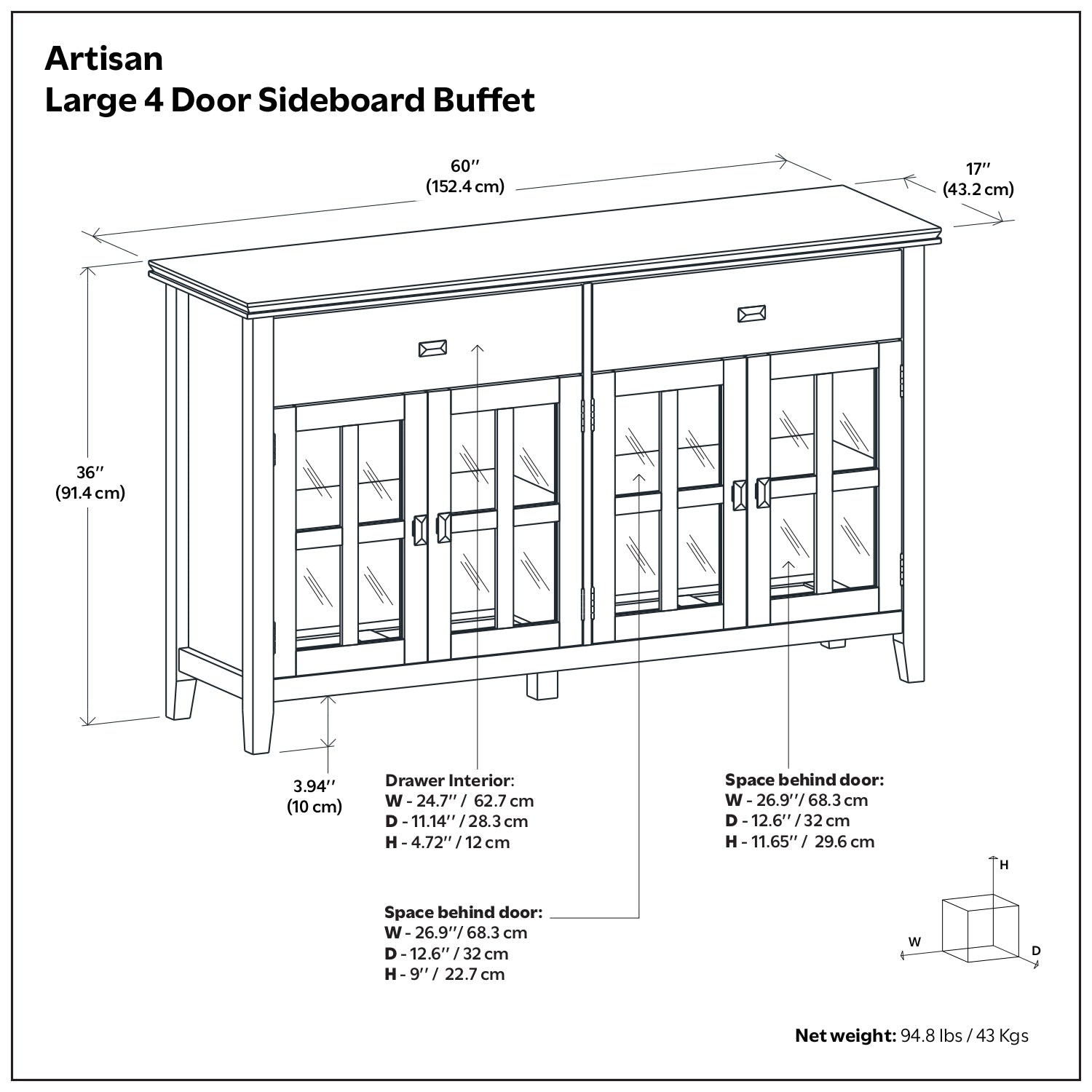 Artisan Solid Wood Large 4 Door Sideboard Buffet in Russet Brown
