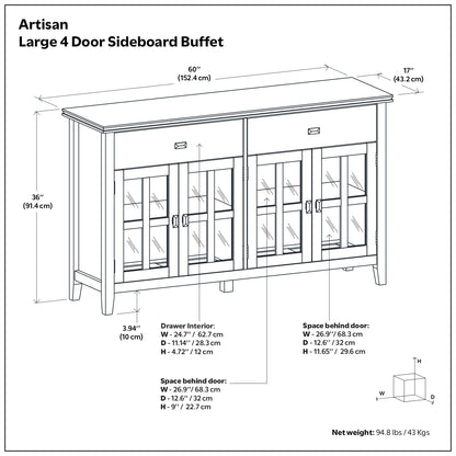 Artisan Solid Wood Large 4 Door Sideboard Buffet in Russet Brown
