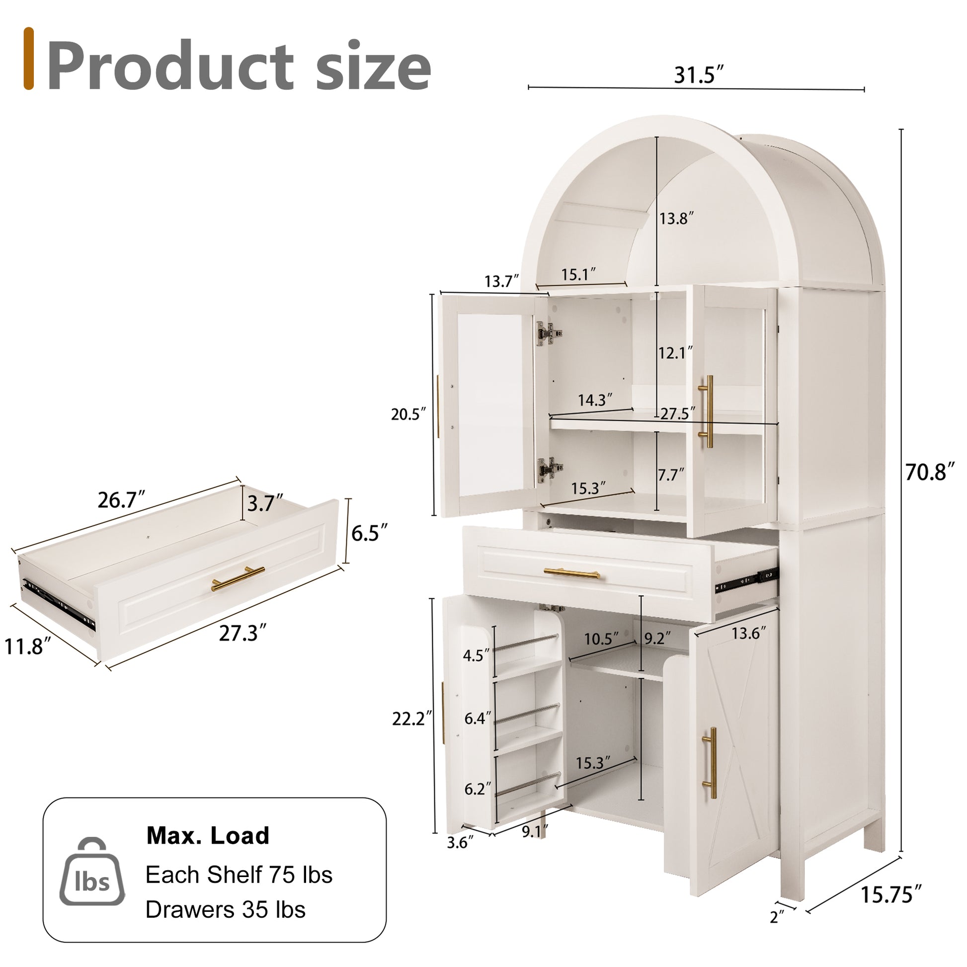 71" White Farmhouse Kitchen Pantry Cabinet with Glass Door - image 7