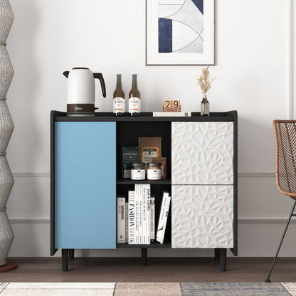 Sideboard Buffet Cabinet, Black Storage Cabinet with Red Doors , 2 Drawers with unique panel styling and 2 Open Storage Compartment, Modern Coffee Bar Cabinet Accent Cabinet for Kitchen, Dining Room,