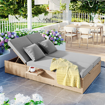 Outdoor Double Sunbed with Adjustable Backrests and Brown Cushions