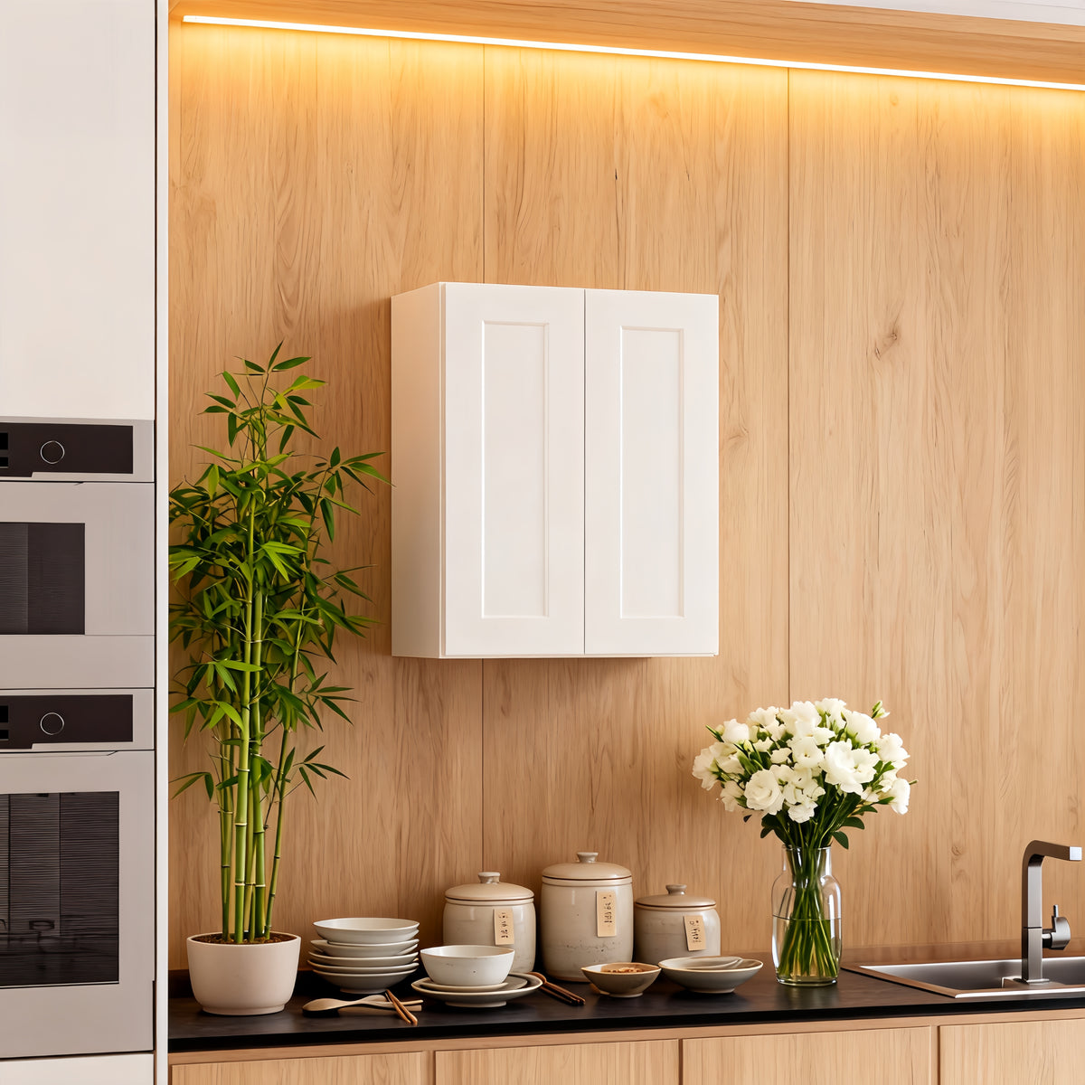 White Shaker Wall Cabinet - 24" Double Door Storage