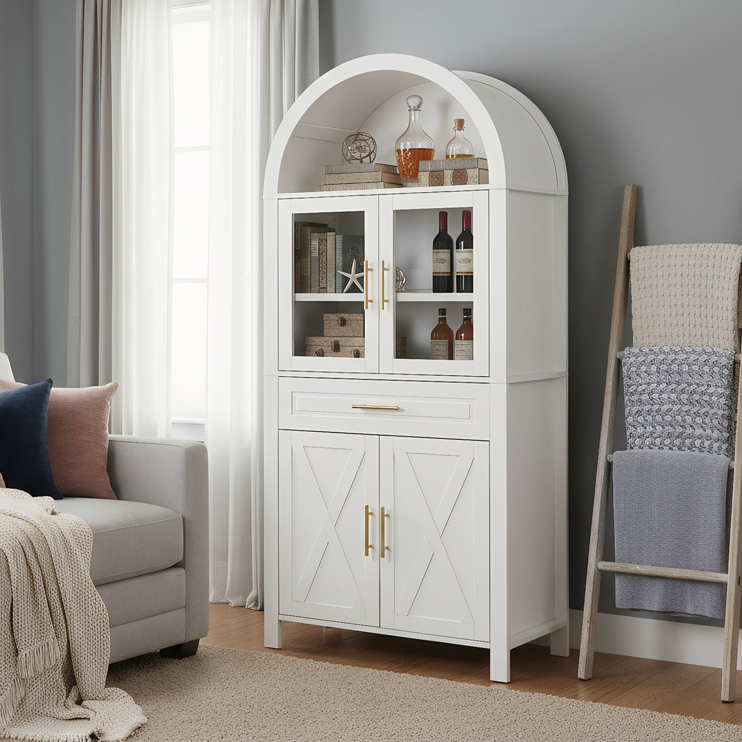 71" White Farmhouse Kitchen Pantry Cabinet with Glass Door - image 5