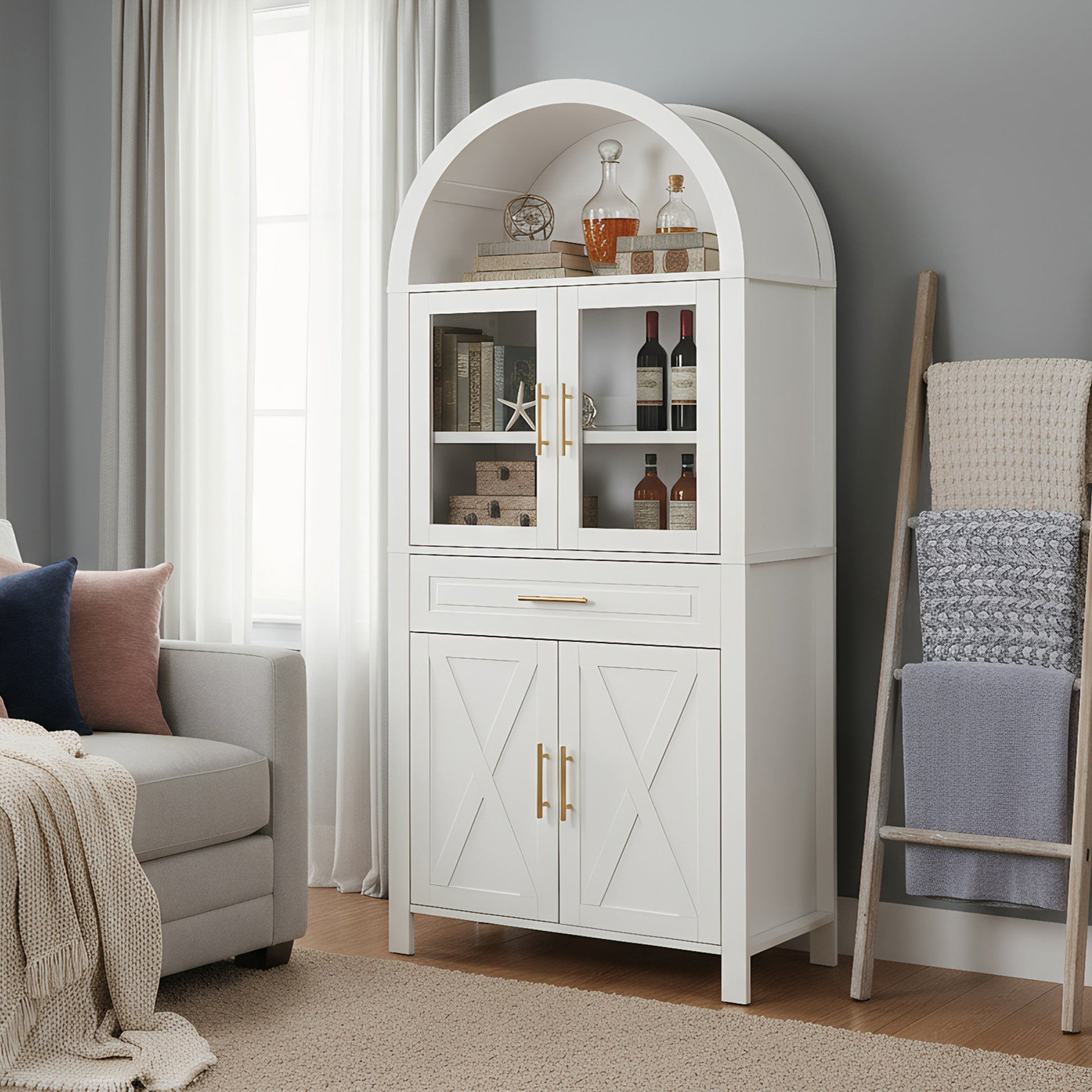 71" White Farmhouse Kitchen Pantry Cabinet with Glass Door - image 5