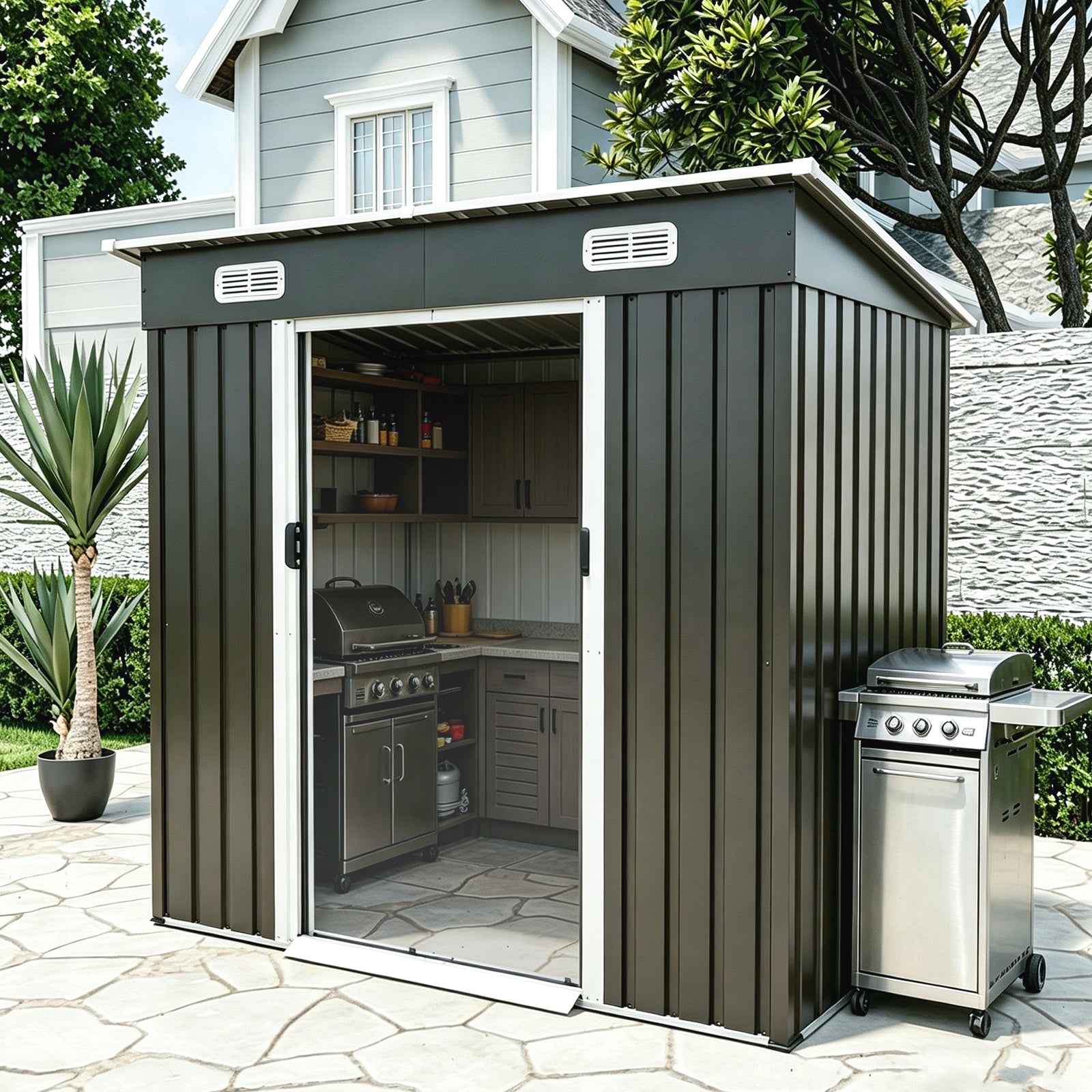 6x4ft Metal Shed, Sliding-Door Outdoor Storage Building with Ventilation Vents & Threshold,Galvanized Steel Shed for Garden, Yard(6.43*4 FT)