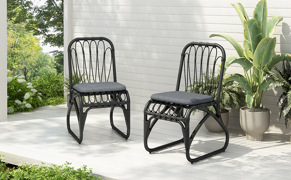 2-Person Black Gray Outdoor Rattan Dining Chairs - Weather Resistant Patio Set