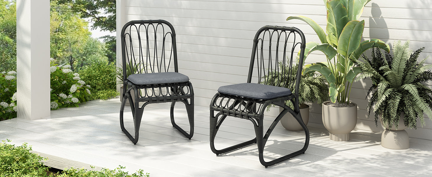 2-Person Black Gray Outdoor Rattan Dining Chairs - Weather Resistant Patio Set