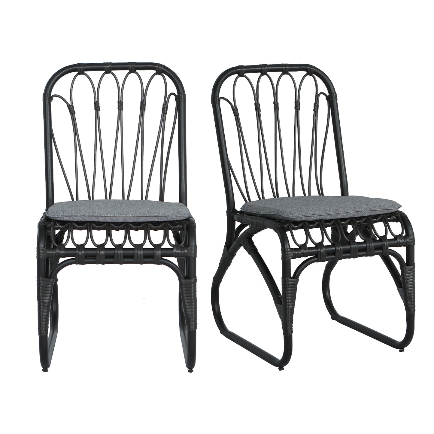 2-Person Black Gray Outdoor Rattan Dining Chairs - Weather Resistant Patio Set