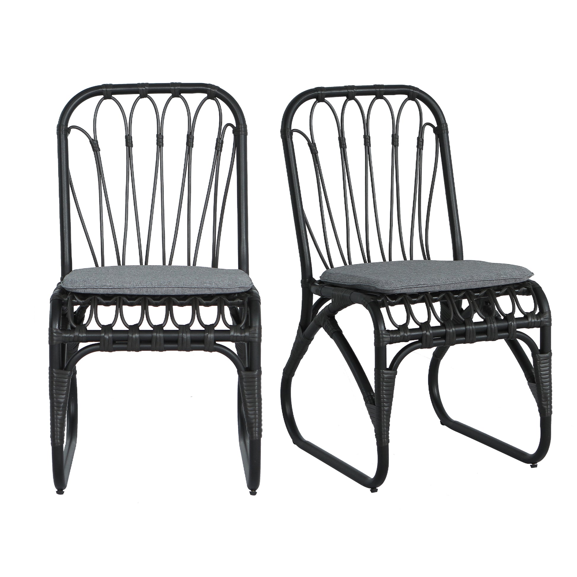 2-Person Black Gray Outdoor Rattan Dining Chairs - Weather Resistant Patio Set