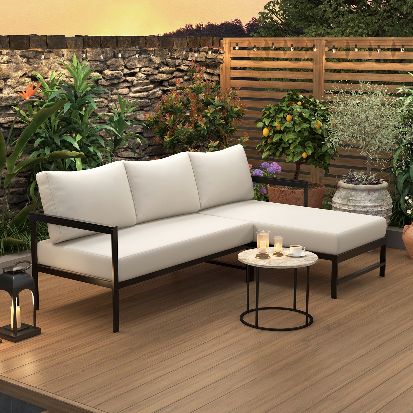 Outdoor L-Shaped Patio Sofa with Iron Frame and Ultra-Thick Cushions