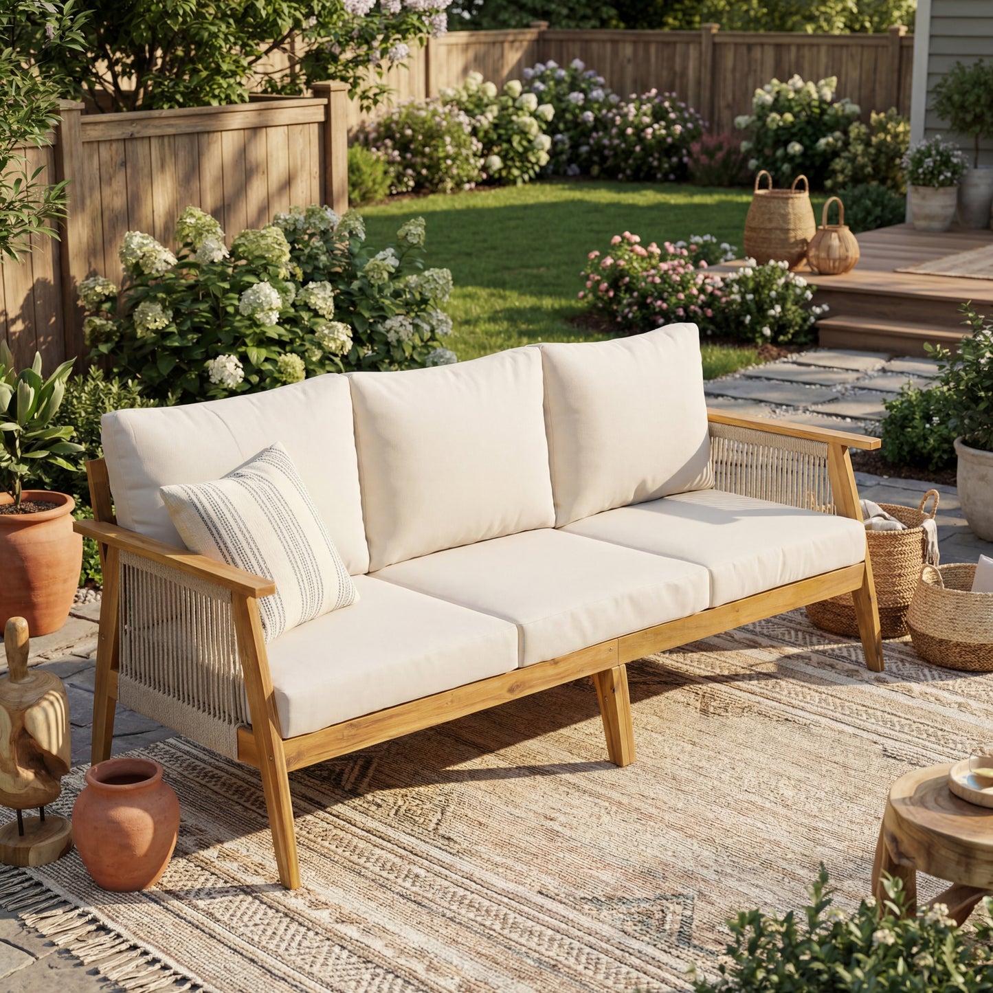 Outdoor Acacia Wood and Rope 3-Seater Patio Sofa