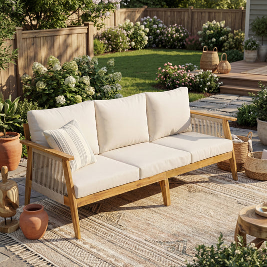 Outdoor Acacia Wood and Rope 3-Seater Patio Sofa