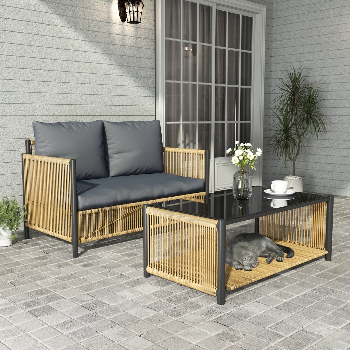 Brown PE Wicker Outdoor Loveseat and Table Set with Gray Cushion for Patio or Balcony