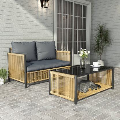 Brown PE Wicker Outdoor Loveseat and Table Set with Gray Cushion for Patio or Balcony
