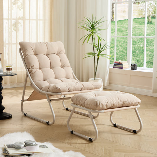 Beige Outdoor Lounge Chair with Ottoman, Sling Frame, and Puffy Cushion for Patio or Sunroom