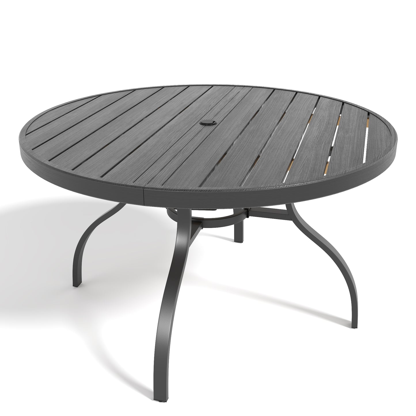 47-Inch Round Outdoor Dining Table with Faux Wood Slat Top, Umbrella Hole, and Black Rust-Resistant Metal Legs