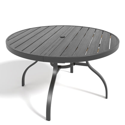 47-Inch Round Outdoor Dining Table with Faux Wood Slat Top, Umbrella Hole, and Black Rust-Resistant Metal Legs