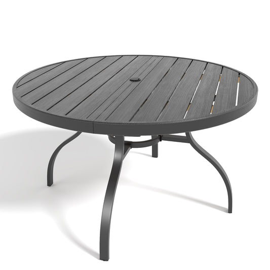 47-Inch Round Outdoor Dining Table with Faux Wood Slat Top, Umbrella Hole, and Black Rust-Resistant Metal Legs