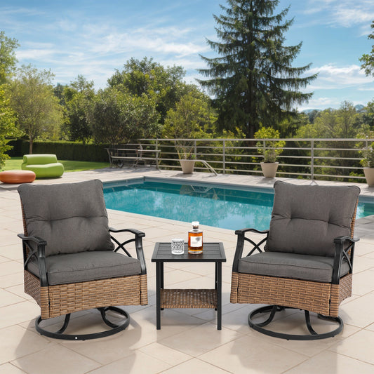 3 Piece Brown Gray Patio Swivel Rocker Chairs Set with Table for Outdoor