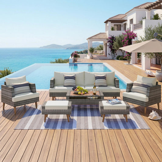 6-Piece Gray Beige Wicker Patio Conversation Set with Cushions & Table for Outdoor