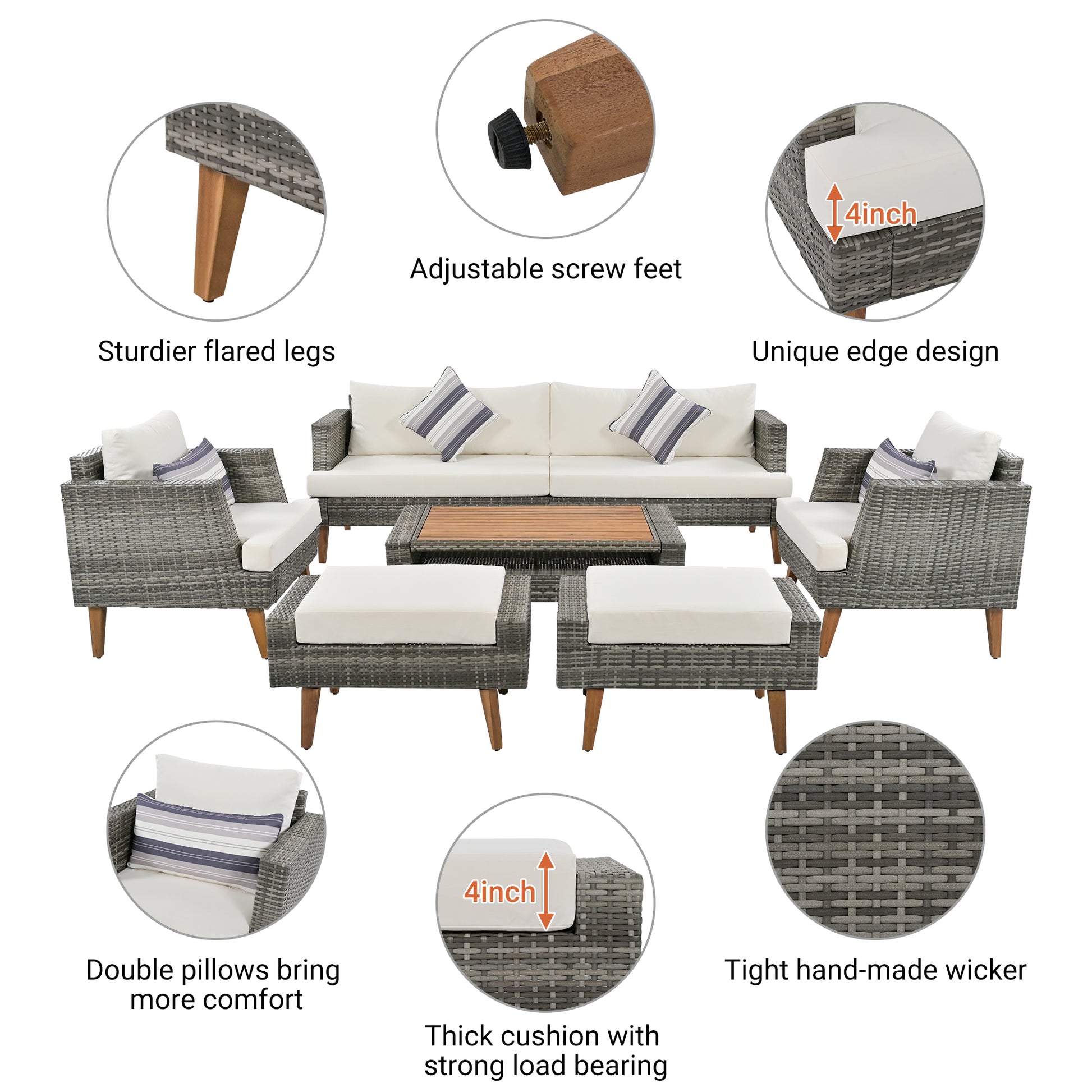 6-Piece Gray Beige Wicker Patio Conversation Set with Cushions & Table for Outdoor