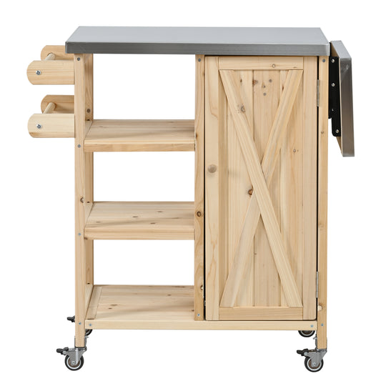 Foldable Fir Wood Outdoor Kitchen Island with Stainless Steel Top, Storage Cabinet, and Lockable Wheels