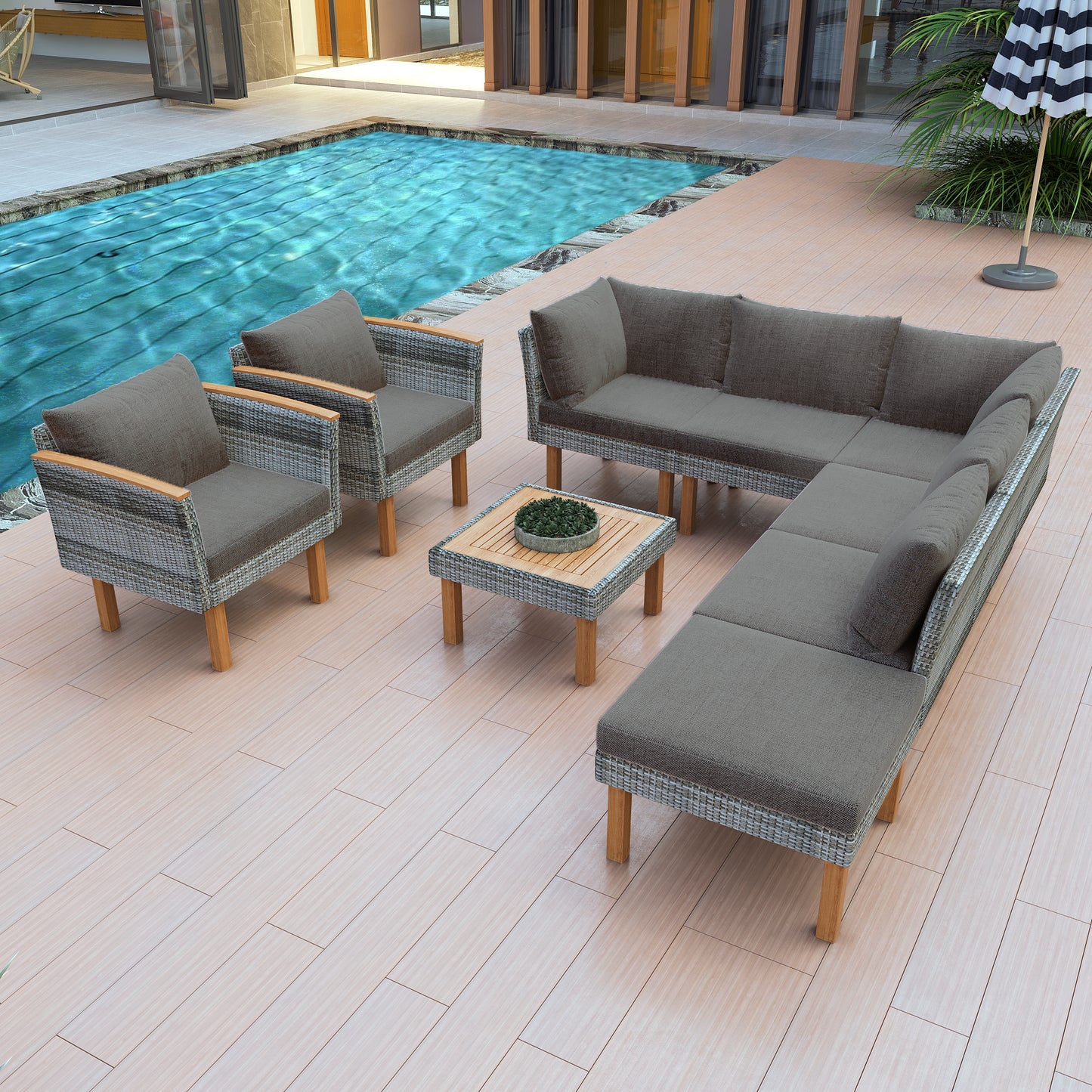 9-Piece PE Rattan Patio Sectional Sofa Set with Acacia Wood Accents, Coffee Table, and Gray Cushions