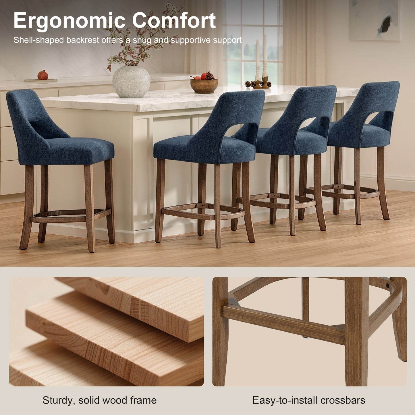Bar Stools Set of 2, Upholstered Counter Height Bar Stools, Modern Counter Stools with Wood Legs for Kitchen Island Dining Room Bar
