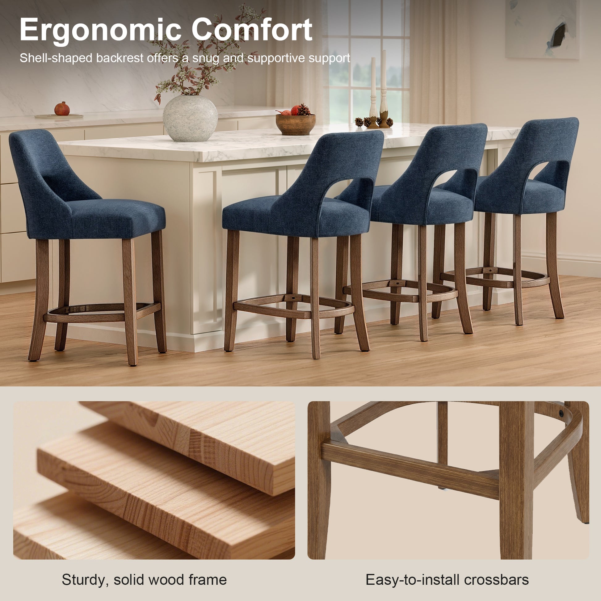 Bar Stools Set of 2, Upholstered Counter Height Bar Stools, Modern Counter Stools with Wood Legs for Kitchen Island Dining Room Bar