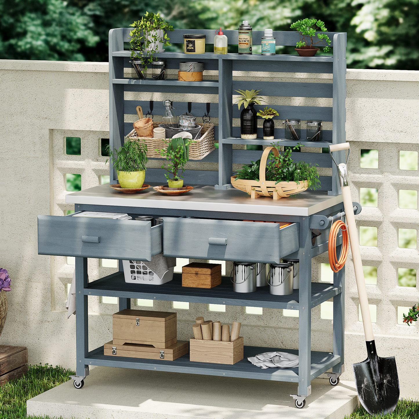 Gray Blue 64.9-Inch Outdoor Potting Bench with Hutch, Stainless Steel Top, and Lockable Wheels