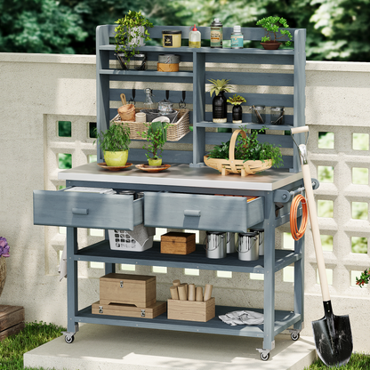 Gray Blue 64.9-Inch Outdoor Potting Bench with Hutch, Stainless Steel Top, and Lockable Wheels