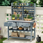 Gray Blue 64.9-Inch Outdoor Potting Bench with Hutch, Stainless Steel Top, and Lockable Wheels