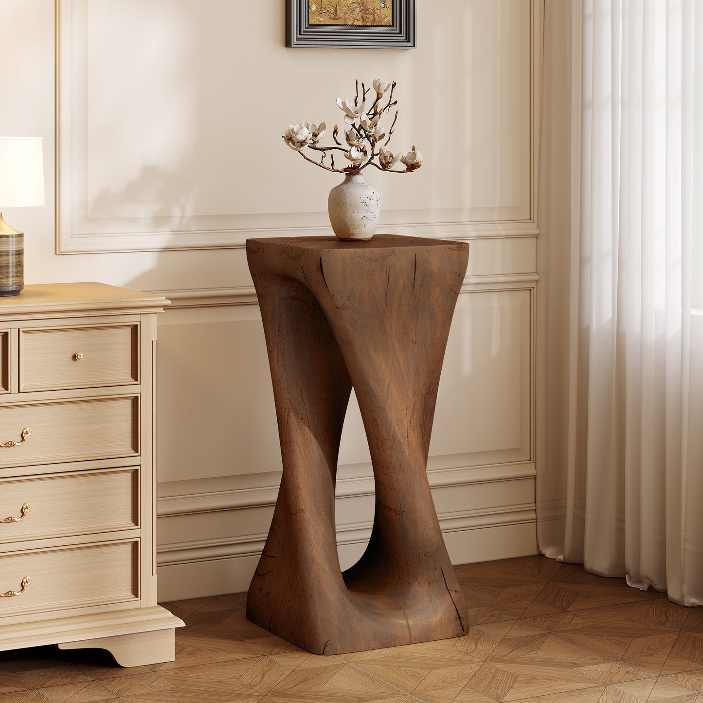 Twist-Shaped Lightweight Concrete Outdoor Side Table with Wood-Look Antique Brown Finish