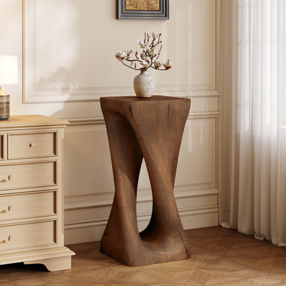 Twist-Shaped Lightweight Concrete Outdoor Side Table with Wood-Look Antique Brown Finish