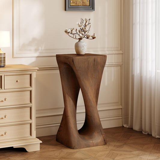 Twist-Shaped Lightweight Concrete Outdoor Side Table with Wood-Look Antique Brown Finish