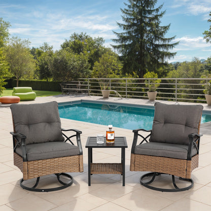 3-Piece Outdoor Swivel Rocker Chair Set with Brown Wicker Chairs and Side Table