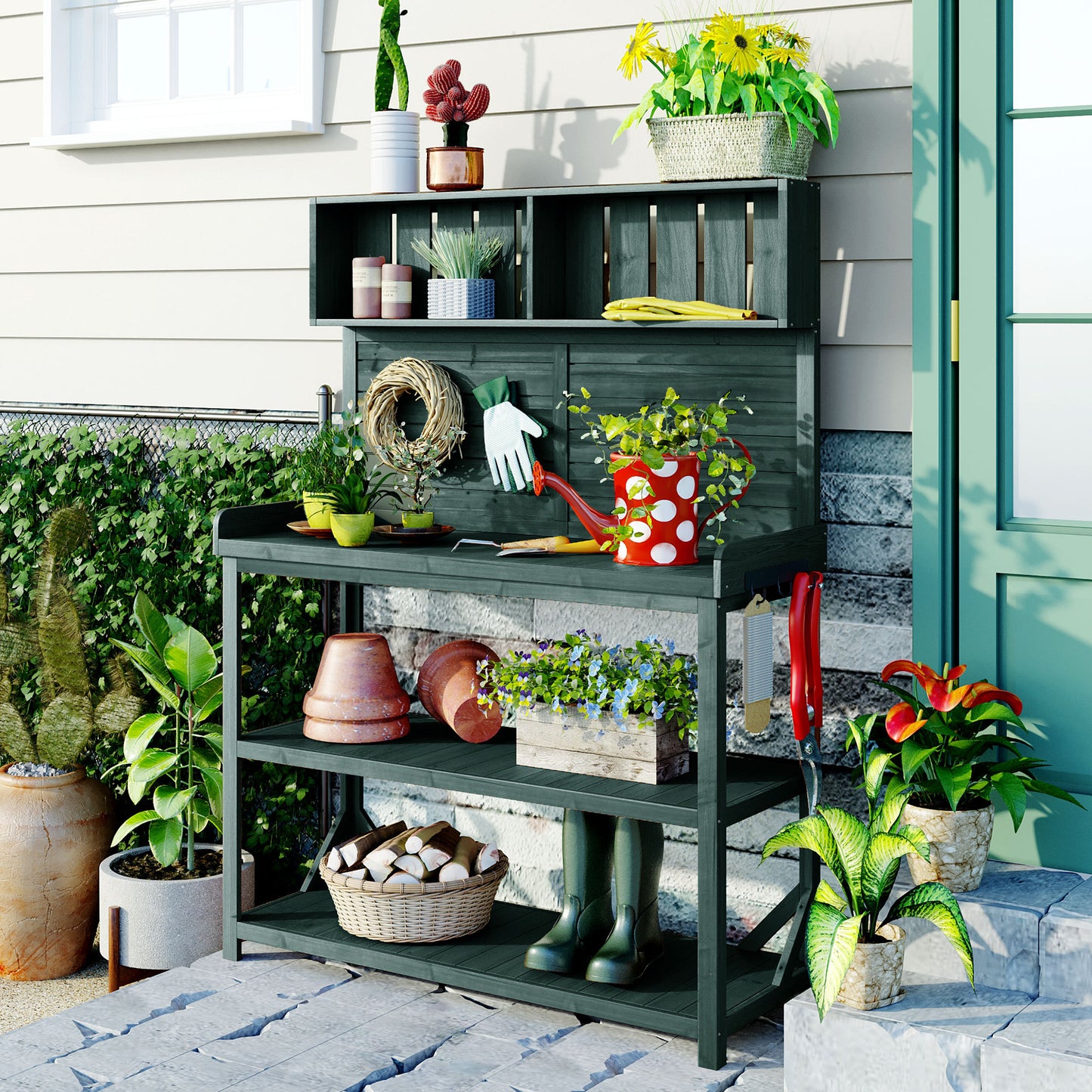 65-Inch Forest Green Wooden Outdoor Potting Bench with 4 Storage Shelves and Side Hook