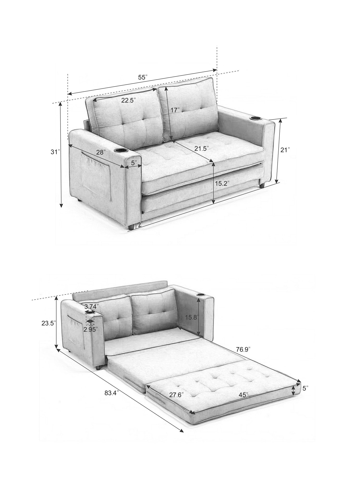 Dark Gray 3-in-1 Futon Sofa Bed with Side Pockets - image 18