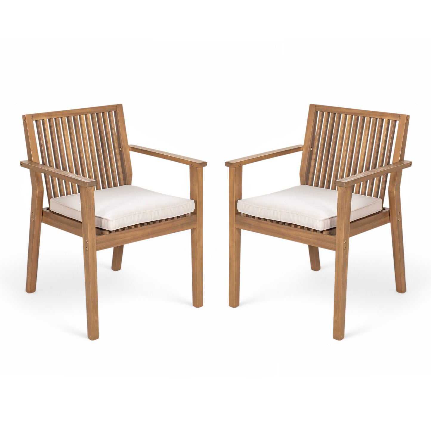 Set of 2 Acacia Wood Outdoor Dining Chairs with Beige Cushions and Armrests for Patio, Garden, and Balcony